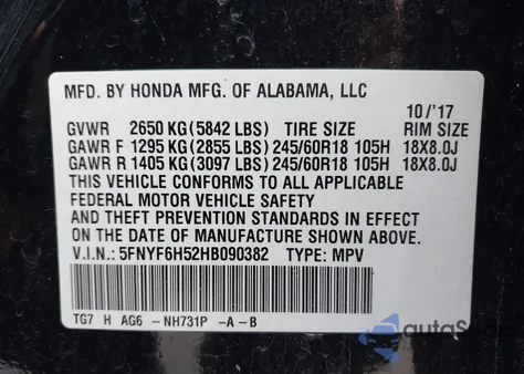2017 Honda Pilot Ex-L from USA, damaged, VIN 5FNYF6H52HB090382